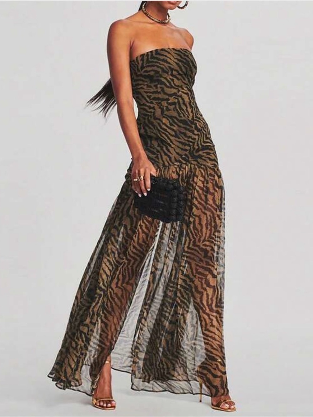 Strapless Olive Zebra-Print Maxi Dress with Front Slit - Picture 2 of 3